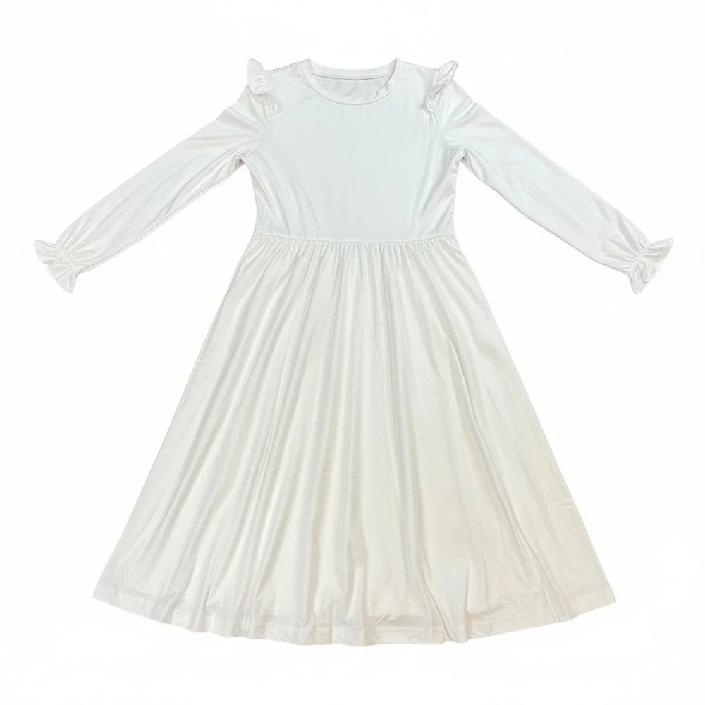 White Long Sleeve Maxi Dress Girls Ruffle Shoulder Elastic Cuff Crew Neck 33in